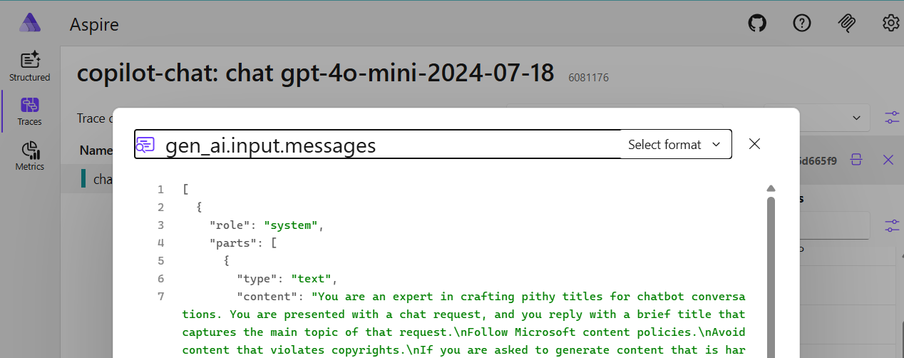 Aspire dashboard showing trace details